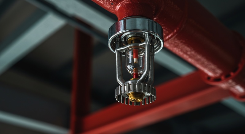 Close-up of a fire sprinkler head with red pipes in an industrial setting, fire safety equipment, fire suppression system