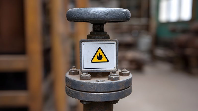 Close up of a rusty industrial valve featuring a bright yellow triangle warning sign for fire hazard and a manual handwheel in a factory